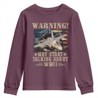 Warning May Start Talking About WWII Youth Sweatshirt American Flag Fighter Jet - Wonder Print Shop