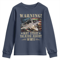 Warning May Start Talking About WWII Youth Sweatshirt American Flag Fighter Jet - Wonder Print Shop