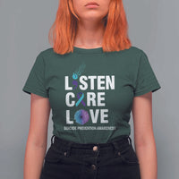 Suicide Prevention Awareness T Shirt For Women Listen Care Love Semicolon Bird Flower Ribbon - Wonder Print Shop