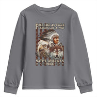 Native American Pride Youth Sweatshirt Free Like An Eagle Fearless Like A Wolf Vintage Flag - Wonder Print Shop