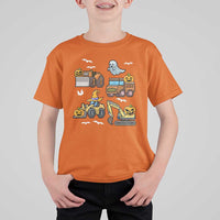 Funny Halloween T Shirt For Kid Spooky Construction Trucks Pumpkin Ghost Pixel - Wonder Print Shop