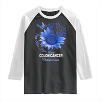 Colon Cancer Awareness Raglan Shirt Faith Hope Fight Love Blue Sunflower Ribbon