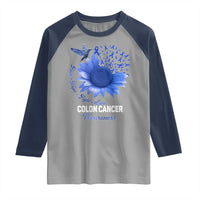 Colon Cancer Awareness Raglan Shirt Faith Hope Fight Love Blue Sunflower Ribbon