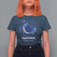 Colon Cancer Awareness T Shirt For Women Faith Hope Fight Love Blue Sunflower Ribbon