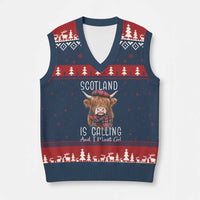 Funny Scotland Is Calling And I Must Go V-Neck Knit Sweater Vest Highland Cow - Wonder Print Shop