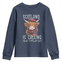 Funny Scotland Is Calling And I Must Go Youth Sweatshirt Highland Cow