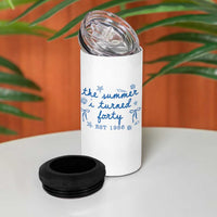 The Summer I Turned Forty Funny 40th Birthday Est 1986 4 in 1 Can Cooler Tumbler Summer Coastal Birthday Seashell Bow