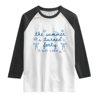 The Summer I Turned Forty Funny 40th Birthday Est 1986 Raglan Shirt Summer Coastal Birthday Seashell Bow