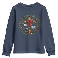 Christmas Be The Light Youth Sweatshirt Christian Xmas Holiday Wreath Cross - Wonder Print Shop
