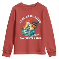Funny Christmas Dumpster Fire Skeleton 2025 Youth Sweatshirt Look At Me Being All Festive And Shit - Wonder Print Shop