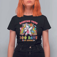Funny Dabbing Thru 100 Days Of School T Shirt For Women Dabbing Unicorn Rainbow