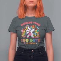 Funny Dabbing Thru 100 Days Of School T Shirt For Women Dabbing Unicorn Rainbow