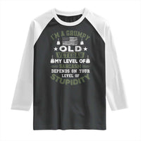 I Am A Grumpy Old Veteran My Level Of Sarcasm Depends On Your Level Of Stupidity Raglan Shirt - Wonder Print Shop