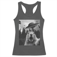 Funny Groundhog Selfie With Alien UFOs Weird Ground Hog Day Racerback Tank Top - Wonder Print Shop