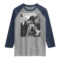Funny Groundhog Selfie With Alien UFOs Weird Ground Hog Day Raglan Shirt - Wonder Print Shop