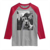 Funny Groundhog Selfie With Alien UFOs Weird Ground Hog Day Raglan Shirt - Wonder Print Shop