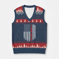 Personalized Firefighter V-Neck Knit Sweater Vest Custom Text Name Vintage American Flag Patriot Fireman Gift