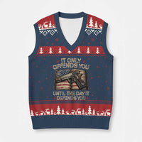 It Only Offends You Until The Day It Defends You V-Neck Knit Sweater Vest Pro Gun American Flag - Wonder Print Shop