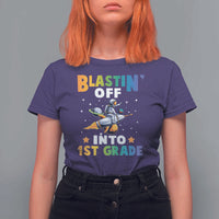 Funny Back To School Space T Shirt For Women Blastin' Off Into 1st Grade Astronaut Rocket - Wonder Print Shop