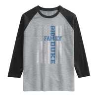 God Family Duke Raglan Shirt Blue Game Day Vintage American Flag
