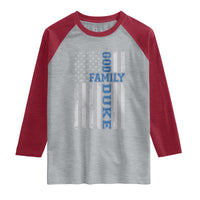 God Family Duke Raglan Shirt Blue Game Day Vintage American Flag