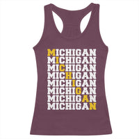 Michigan Fan Racerback Tank Top Yellow Bold Athletic Sport State Letters Game Day