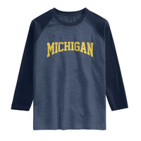 Michigan Fan Raglan Shirt Yellow Bold Sport State Letters Game Day