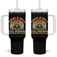 50th Birthday Raccoon Tumbler With Handle Feral And Fifty Still Digging Through Life's Trash Est 1976