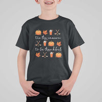 Thanksgiving Day T Shirt For Kid Tis The Season To Be Thankful Pumpkin Ice Hockey Maple Leaf - Wonder Print Shop