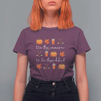 Thanksgiving Day T Shirt For Women Tis The Season To Be Thankful Pumpkin Ice Hockey Maple Leaf - Wonder Print Shop