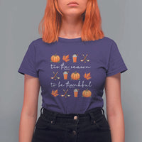 Thanksgiving Day T Shirt For Women Tis The Season To Be Thankful Pumpkin Ice Hockey Maple Leaf - Wonder Print Shop