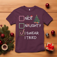 Funny Nice Naughty I Swear I Tried T Shirt Christmas Tree Candy Cane - Wonder Print Shop