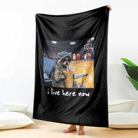 Basketball Raccoon I Live Here Now Throw Blanket Funny Trash Panda Drinking Iced Coffee Basketball Court