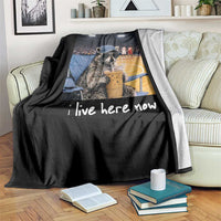 Basketball Raccoon I Live Here Now Throw Blanket Funny Trash Panda Drinking Iced Coffee Basketball Court