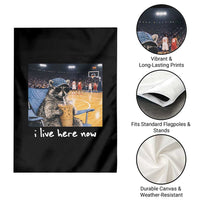 Basketball Raccoon I Live Here Now Garden Flag Funny Trash Panda Drinking Iced Coffee Basketball Court