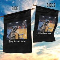 Basketball Raccoon I Live Here Now Garden Flag Funny Trash Panda Drinking Iced Coffee Basketball Court