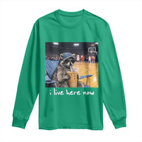 Basketball Raccoon I Live Here Now Long Sleeve Shirt Funny Trash Panda Drinking Iced Coffee Basketball Court