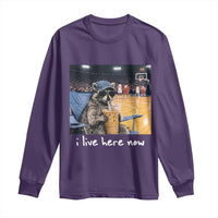 Basketball Raccoon I Live Here Now Long Sleeve Shirt Funny Trash Panda Drinking Iced Coffee Basketball Court
