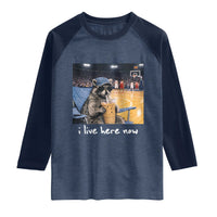 Basketball Raccoon I Live Here Now Raglan Shirt Funny Trash Panda Drinking Iced Coffee Basketball Court
