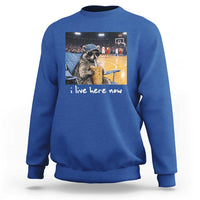 Basketball Raccoon I Live Here Now Sweatshirt Funny Trash Panda Drinking Iced Coffee Basketball Court