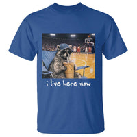 Basketball Raccoon I Live Here Now T Shirt Funny Trash Panda Drinking Iced Coffee Basketball Court