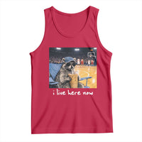 Basketball Raccoon I Live Here Now Tank Top Funny Trash Panda Drinking Iced Coffee Basketball Court