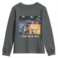 Basketball Raccoon I Live Here Now Youth Sweatshirt Funny Trash Panda Drinking Iced Coffee Basketball Court