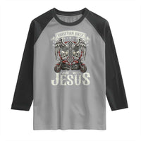 Christian Biker I Ride With Jesus Raglan Shirt Religious Faith Motorcycle Rider Skull - Wonder Print Shop