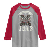 Christian Biker I Ride With Jesus Raglan Shirt Religious Faith Motorcycle Rider Skull - Wonder Print Shop
