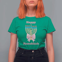 Happy Hanukkah Coquette T Shirt For Women Cute Menorah Pink Bow - Wonder Print Shop
