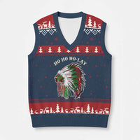 Funny Xmas Native American V-Neck Knit Sweater Vest Ho Ho Ho Lay Vintage War Bonnet - Wonder Print Shop
