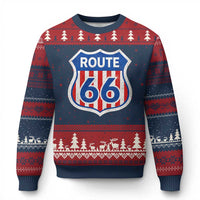 Vintage Route Highway 66 Historical Sign Distressed American Flag Road Trip Ugly Christmas Sweater
