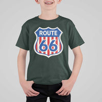 Vintage Route Highway 66 Historical Sign Distressed American Flag Road Trip T Shirt For Kid