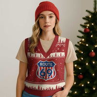 Vintage Route 69 Highway Road Trip Sign Distressed American Flag V-Neck Knit Sweater Vest